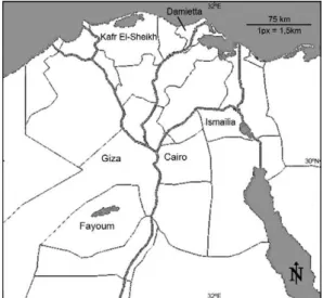 Fig. 1: A map of Egypt showing the governorates from which Biompha- Biompha-laria snails were collected