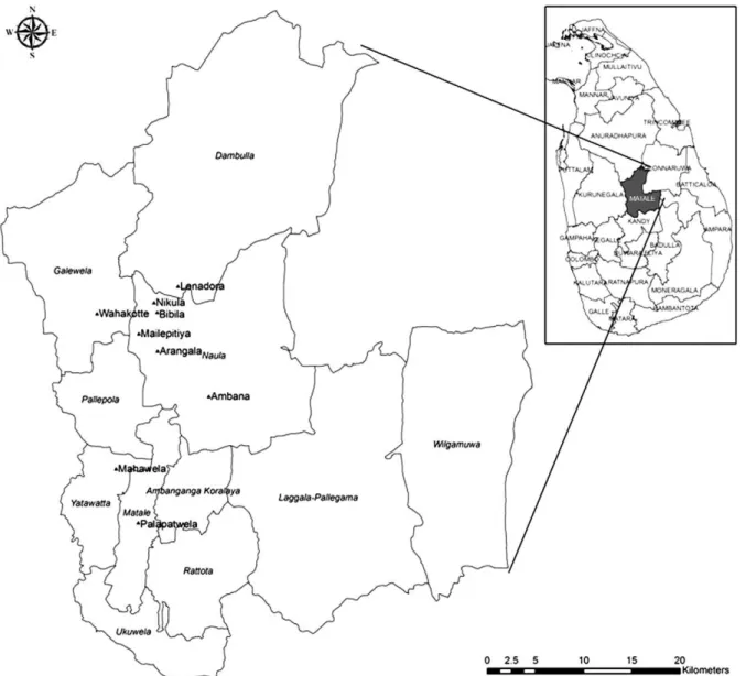Fig.  1:  study  area.  Area  map  of  patient  locations  in  the  district  of  Matale,  central  Sri  Lanka  (prepared  according  to  the  geographic  scale   from a 1:50.000 map).
