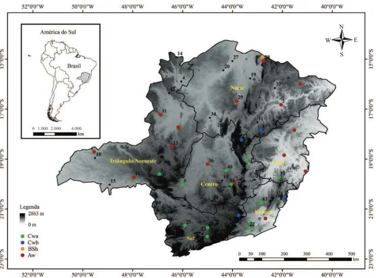 Figura 1.  Localização das estações meteorológicas utilizadas no presente estudo (números de 1 a 43, descritos na Tabela 1),  com as respectivas classificações climáticas (Köppen), plotadas conforme o modelo digital de elevação do Estado