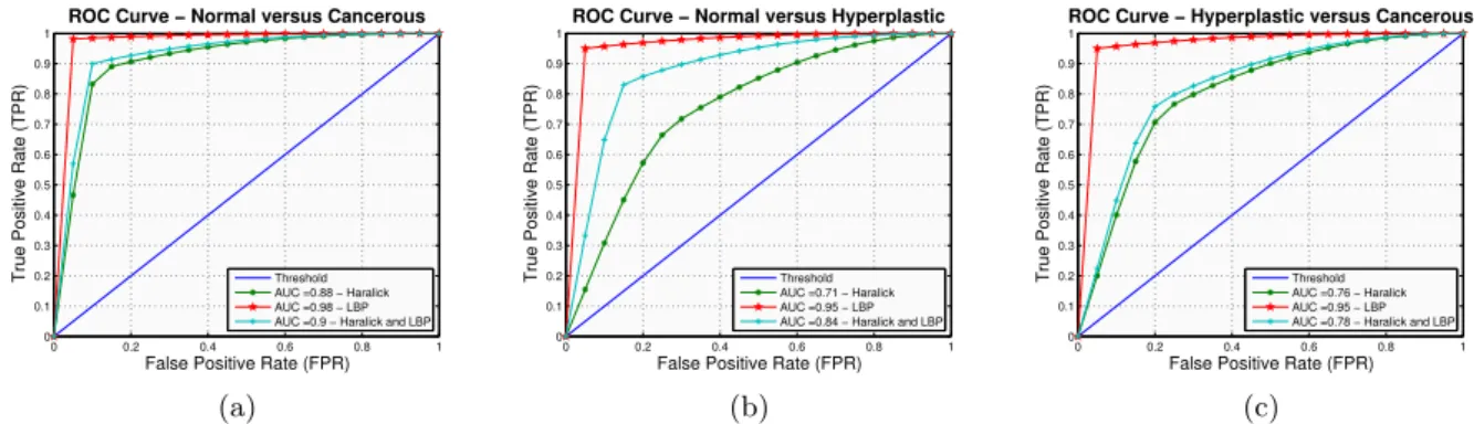 Figure 2: ROC curves for combinations of Normal versus Cancerous (a), Normal versus Hyperplastic (b) and Hyperplastic versus Cancerous (c).
