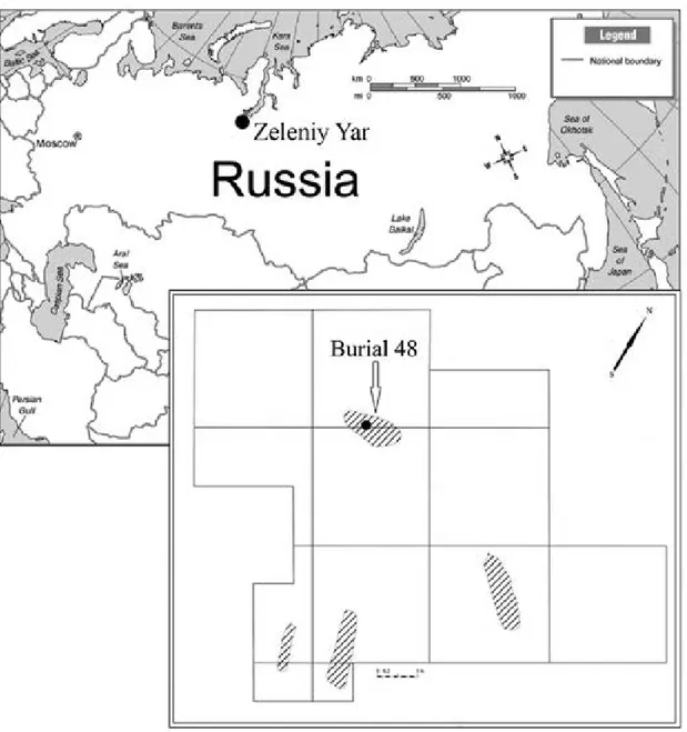 Fig. 1: location the archaeological site Zeleniy Yar. Distribution of burials on the archaeological site Zeleniy Yar in 2014