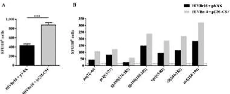 Fig. 1: co-administration of plasmid-encoded granulocyte-macrophage colony-stimulating factor (pGM-CSF) enhances human immunodefi- immunodefi-ciency virus-1 subtype B conserved peptides (HIVBr18)-induced T-cell responses