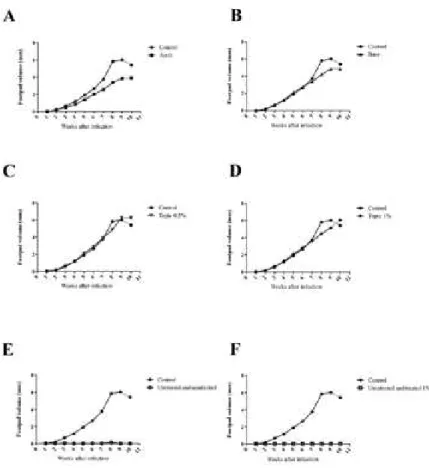 Fig. 3: evolution of the thickness of the paws of the animals infected with 10 6  promastigotes of Leishmania (Leishmania) amazonensis and  treated with 5 mg/kg/day amphotericin B (AmB) (A), base (B), topically with 0.5% essential oil of Tetradenia riparia