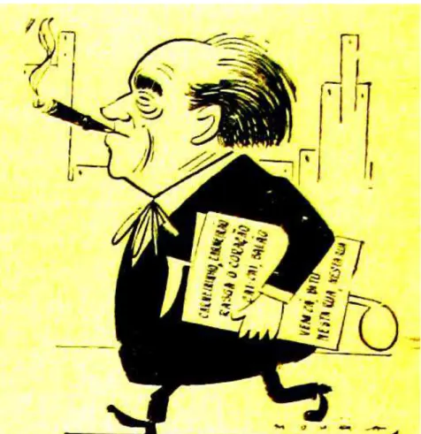 Figura 3  – Caricatura de Villa-Lobos carregando as partituras de Rasga o Coração e  de outras peças de sua autoria (de acordo com o  jornalista Guimarães  Martins, não possuíam a originalidade que o maestro lhes atribuía)  