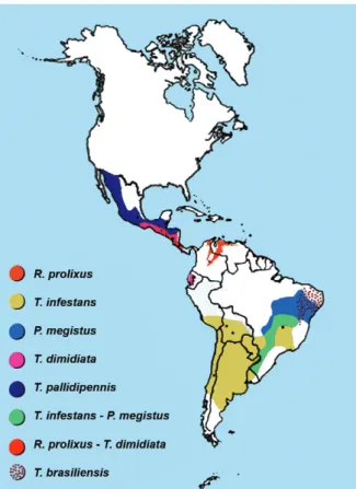 Fig. 1: distribution of main species of Trypanosoma cruzi transmission  vectors.  This  map  was  provided  by  Dr  R  Salvatella,  Pan  American  Health Organization, Uruguay