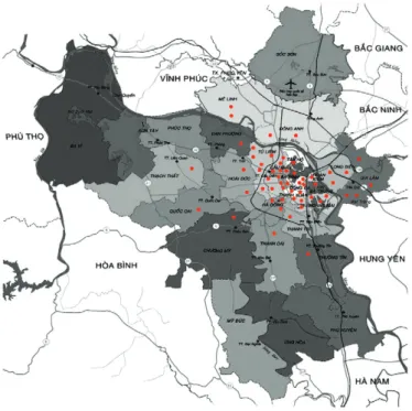 Fig. 1: map of Hanoi Province. Red dots correspond to sites positive for Triatoma rubrofasciata (Truong &amp; Dujardin 2013).