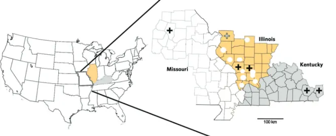 Fig. 1: collection localities for bobcats (circles) and raccoons (crosses) screened for the presence of Trypanosoma cruzi in Illinois and Missouri