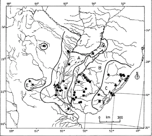 Fig. 2. Range of  Phrynops hilarii showing the spatial distribution of plastral pattern states ( l  = a,  n   = b,  s  = c) and their relationship to hydrographic systems (A-E)