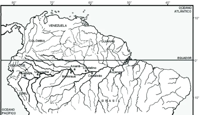Fig. 1. Geographic localization of the seven lakes from the Peruvian and Brazilian Amazon Basin where populations of Palaemonetes spp