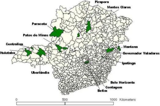FIGURA 1  – Mapa de Minas Gerais - em destaque os 13 municípios que participaram da pesquisa  Fonte: Grossi MAF, 2005
