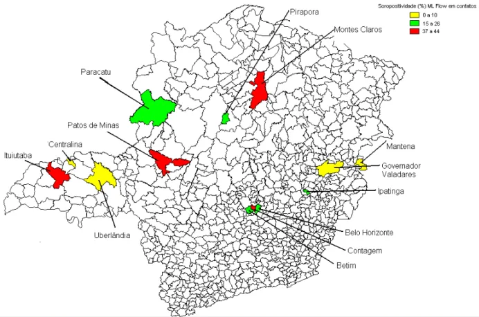 FIGURA 3  – Mapa de Minas Gerais com a distribuição da soropositividade do teste  ML Flow nos municípios participantes da pesquisa