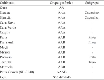 Tabela 1. Grupo genômico e subgrupo das 15 cultivares de  bananeira (Musa spp.) avaliadas.