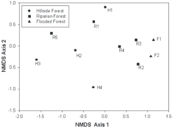 Fig. 5. Non-metric multidimensional scaling (NMDS) plot based on a Bray-Curtis abundance matrix, showing patterns of community structure among all eleven sites of three vegetation types for the arboreal spider assemblage in the Banhado Grande area, State o