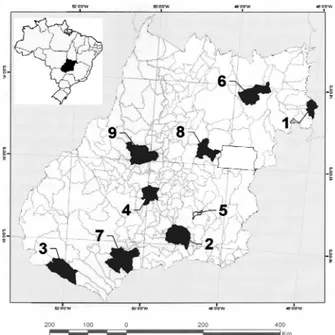 Fig. 1. Map of the State of Goiás, showing the nine sample sites of Eupemphix nattereri Steindachner, 1863 (1, Mambaí; 2, Morrinhos;