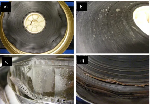 Figure 9 - Examples of CTA degradation: waviness (a), plasticizer loss (b), shrinkage (c) and brittleness  (d)