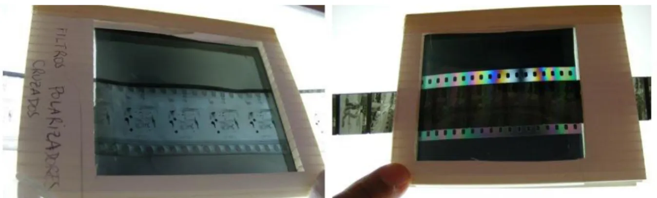 Figure 15 – Identification of CTA film (left) and PET film (right) through polarization test © Teréz Somfai 