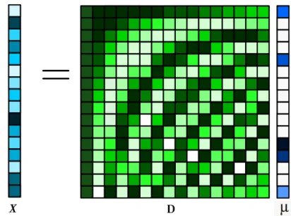 Figure 1.2: This figure shows an input signal x that is a linear combination of the dictionary D and it activation vector µ