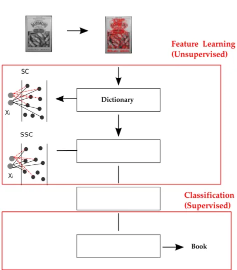 Figure 3.1: Object recognition system overview. First image descriptors are ob- ob-tained, followed by the dictionary learning module, then the SSC coding process is performed, encapsulated by the feature learning module