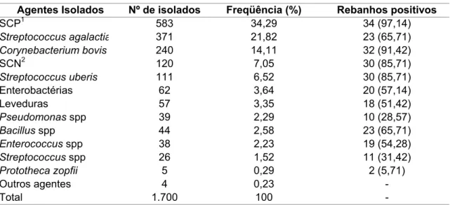Tabela 2. Distribuição de microrganismos isolados em casos de mamite subclínica e clínica em 35 rebanhos bovinos leiteiros da região sul de Minas Gerais, 2004-2006.