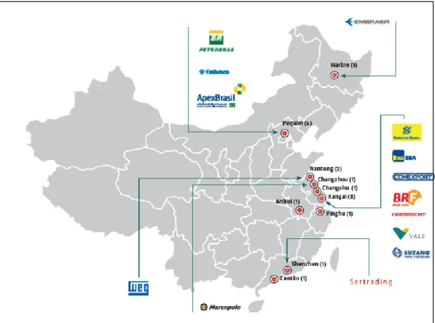 Figura 1 – Localização geográfica das principais empresas brasileiras na China  (Nº de Empresas) 