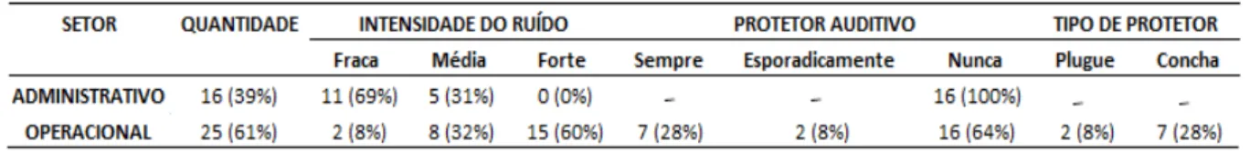 Tabela 3. Caracterização do nível de ruído por setor e do uso de protetor auditivo. 