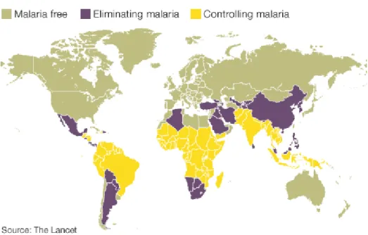 Figura 1. Distribuição mundial da malária, com referência às zonas em fase de  eliminação da transmissão e zonas de controlo da infecção
