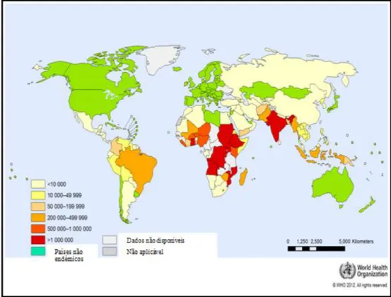 Figura 1:  Número  de casos reportados  e confirmados de  malária (2010). Adaptado  de  (OMS,  2012).