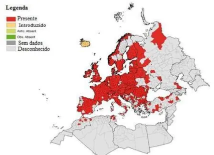 Figura 6 -  Distribuição atual da espécie Ixodes ricinus na Europa, Norte de África e parte  da Ásia (janeiro de 2017) (Fonte: ECDC 2017) 