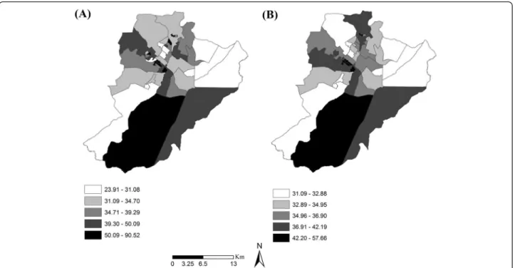 Fig. 3 Coropletic map of raw rates (a) and Bayesian rates (b) for TB avoidable hospitalizations, Ribeirão Preto, São Paulo, Brazil (2006–2012)