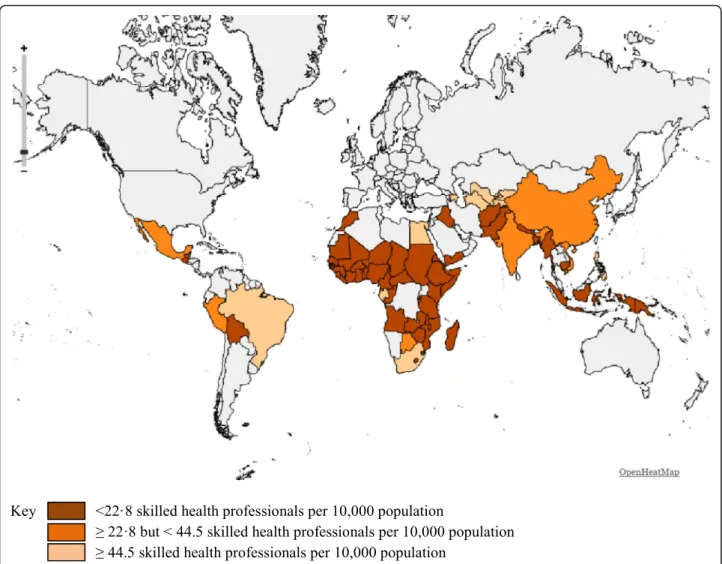 Fig. 1 Mapping of 74 countries based on the established SHP density thresholds, most recent available year (list of countries in the Additional file 1)