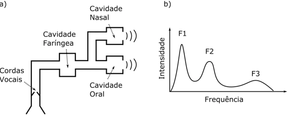 Figura 2.1: Na imagem a) mostra-se uma representação simplificada do trato vocal. O trato vocal funciona como uma cavidade ressonante