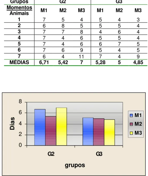 Figura 6  - Representação gráfica das médias dos momentos em cada  grupo, referente aos dias de permanência da membrana amniótica
