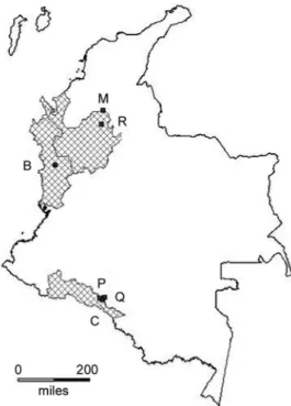 Fig. 1: Colombian map showing the states and localities where Ano- Ano-pheles darlingi was evaluated for insecticide resistance