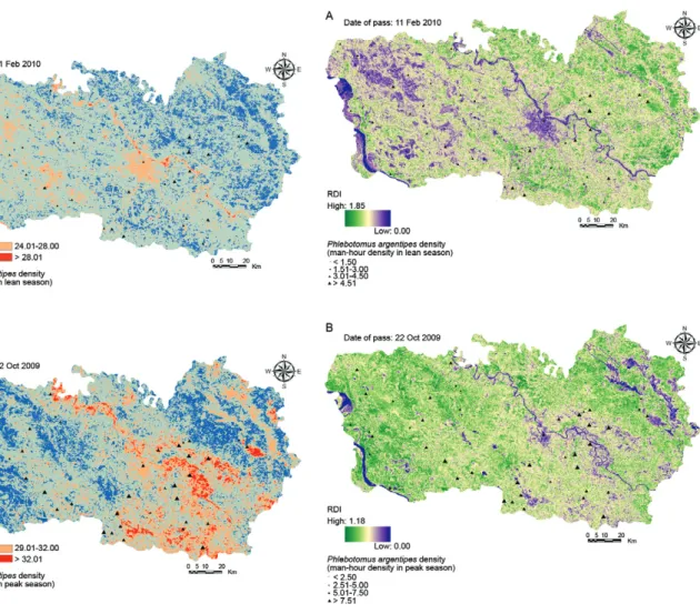 Fig.  3:  distribution  of  the  land  surface  temperature  (LST)  and  vector  density in 51 villages during lean season (A) and distribution of the LST  and vector density in the same villages during the peak season (B).