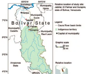 Fig. 1: relative location of study site, Lower Caura River Basin, mu- mu-nicipalities of Sucre and Cedeño, state of Bolívar, Venezuela.