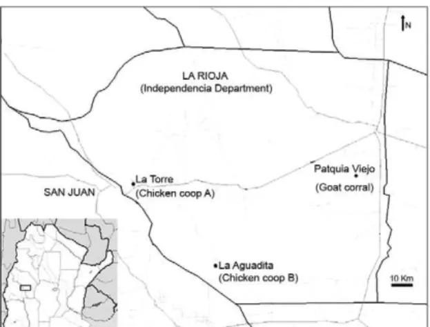 Fig.  1:  map  of  study  area  showing  the  locations  where  the  insects  were  collected  (La  Torre,  La  Aguadita  and  Patquía  Viejo)  and  the  habitats selected for study