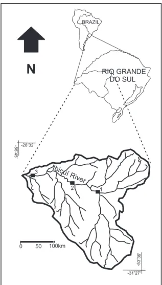 Fig. 1. Study area showing the sampling sites (1, site 1; 2, site 2;