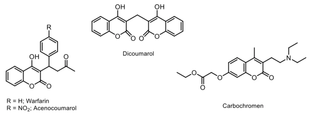 Figure 24 – Structures of: dicoumarol, warfarin, acenocoumarol and carbochromen. 