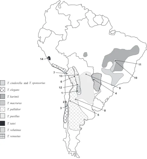 Figure 1. Map of South America showing the distribution of the ten Thylamys species based on B RAUN  et al
