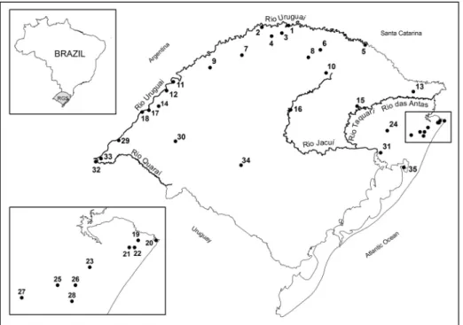Figure 1. Map of Rio Grande do Sul showing the location of sites mentioned in the text (1, Iraí; 2, Turvo state park; 3, Frederico Westphalen; 4, Guarita indigenous reserve; 5, Espigão Alto state park; 6, Jacutinga; 7, São Valentim; 8, Rondinha state park;