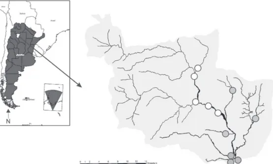 Fig. 1. Localization of the study area and distribution of reaches of good (white dots), and poor/bad quality (grey dots) of their riparian zone,  Tucumán province, northwestern of Argentina