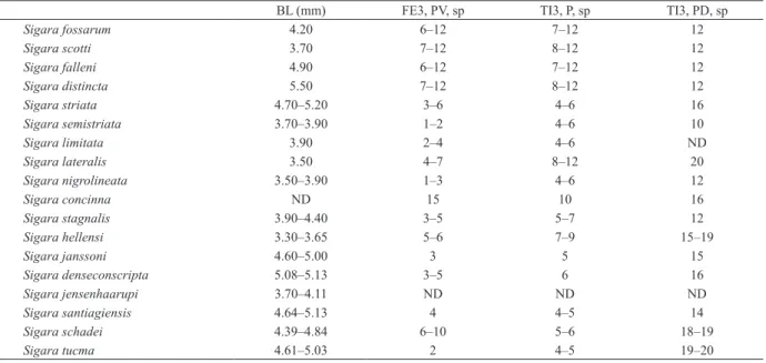 Tab. III. Summary of characters differentiating the last nymphal instar of the genus Sigara  (BL, body length; FE3, metafemur; P, posterior; PD,  posterodorsal; PV, posteroventral; ND, no data available; sp, spines; TI3, metatibia)