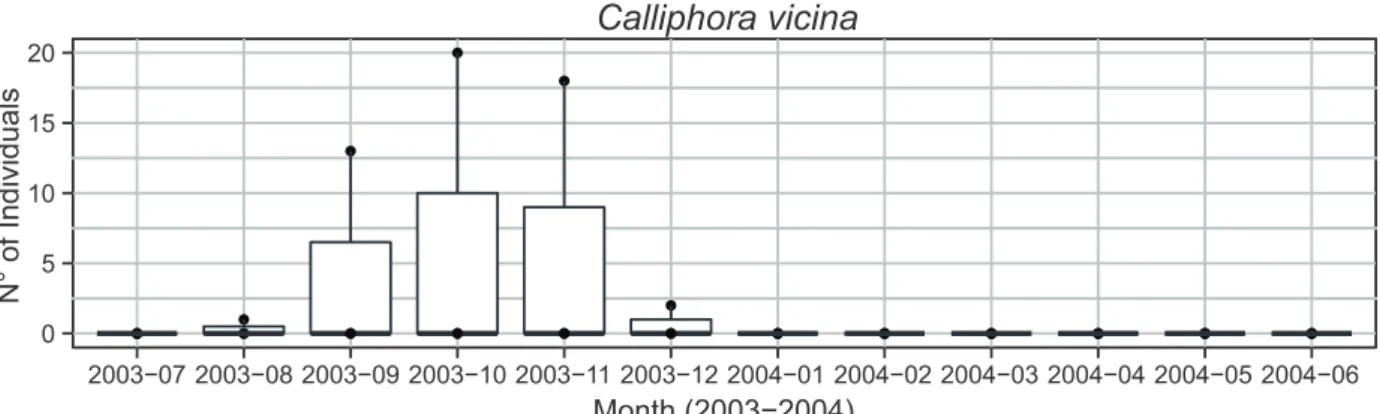 Fig 4. Mean (transverse dark bar), error (box) and standard deviation of the abundance Chrysomya species between  July 2003 and June 2004 in Pelotas, RS, Brazil.