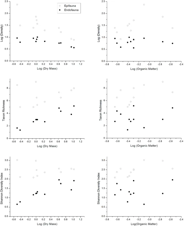 Fig. 2. Variation of density, taxon richness and Shannon diversity index of epifaunal (open symbols) and endofaunal (closed symbols) assemblages  associated with Tedania ignis in relation to sponge biomass and organic matter content at Praia das Cigarras, 