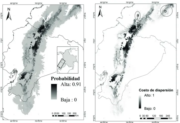 Figs 3-4. Modelo de distribución potencial del zorro andino: Fig. 3, mapa con probabilidades logísticas y mapa de costo de dispersión; Fig