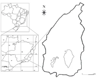 Fig. 1. Sampling sites in Parque Estadual do Ibitipoca, MG, Brazil: 1, Mata  de Grota (Nanofloresta Nebular) and 2, Mata Grande (Floresta Nebular).