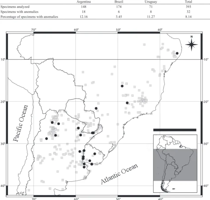 Tab. I. Specimens of Didelphis albiventris Lund, 1840, analyzed and percentage of anomalies for the complete sample and for each country.