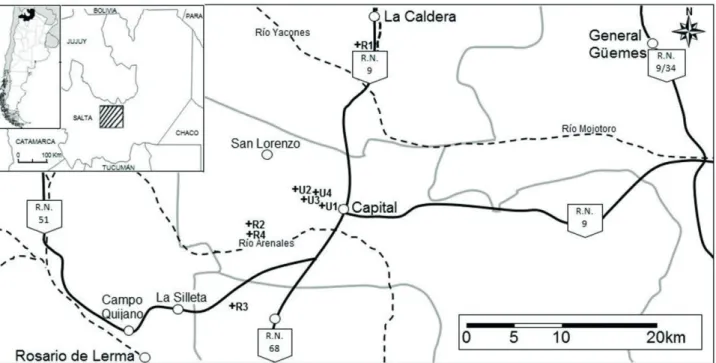 Fig. 1. Localización de los sitios de muestreo en la porción central de la provincia de Salta, Argentina