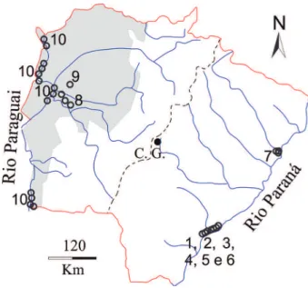 Fig. 1. Mapa com os principais rios de Mato Grosso do Sul, onde os círculos  representam áreas de estudos com tecamebas, dos quais: 1, Lansac-Tôha  et al