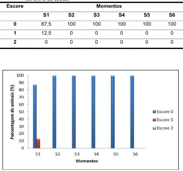 Tabela  25.  Porcentagem  de  cadelas  (n=8)  submetidas  à  ovariohisterectomia  eletiva e à anestesia epidural com bupivacaína na dose de 2 mg/kg  (G2)  enquadradas  nos  escores  0  (ausente),  1(diminuído)  e  2  (presente) para resposta ao estímulo du